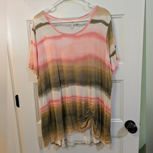 Cato Relaxed Short Sleeve Tunic in Pink and Olive Stripe